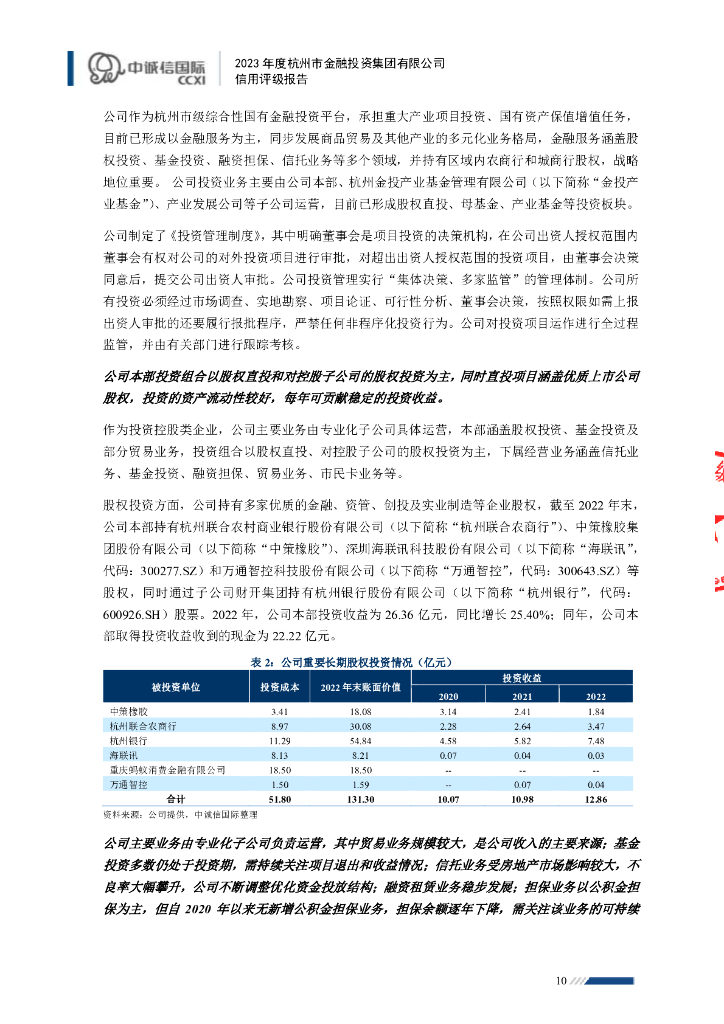 中诚信：杭州市金融投资集团有限公司主体信用评级报告_第10页