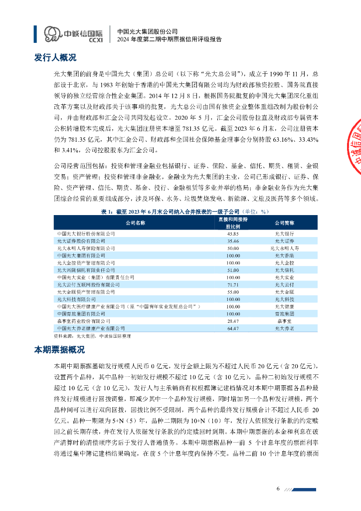 中诚信：中国光大集团股份公司2024年度第二期中期票据信用评级报告_第6页