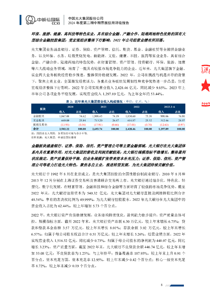 中诚信：中国光大集团股份公司2024年度第二期中期票据信用评级报告_第8页