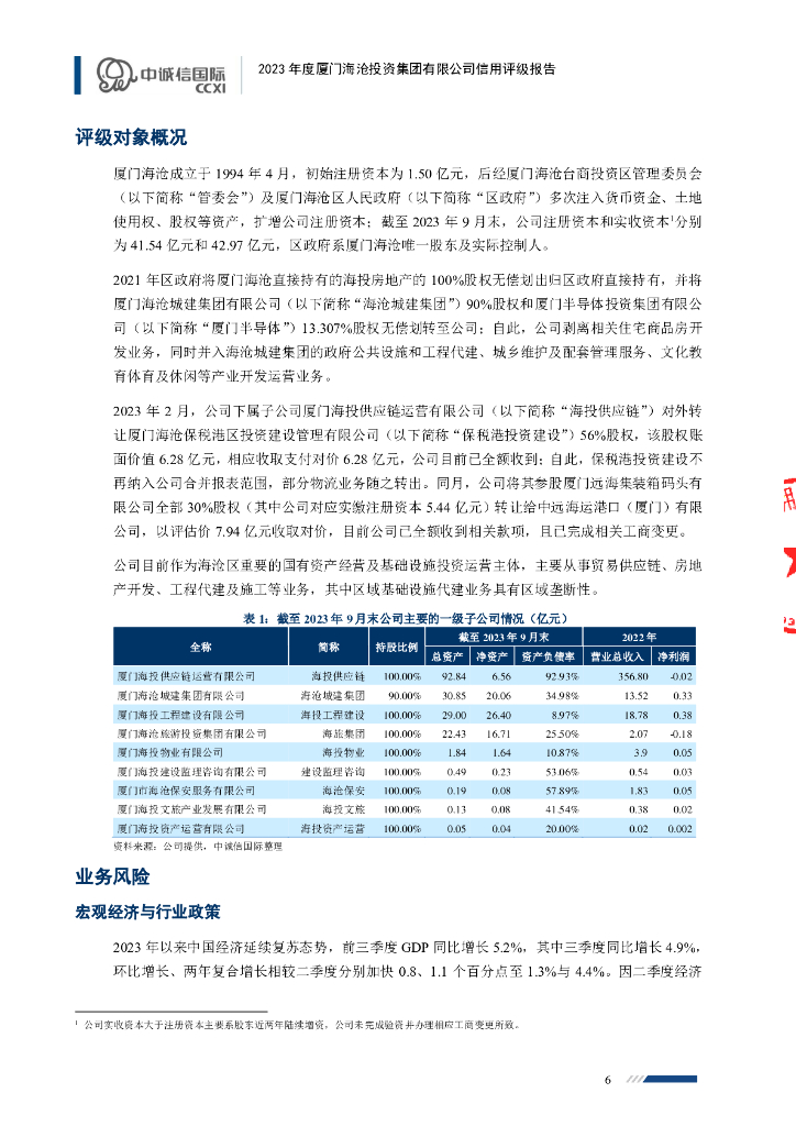 中诚信：2023年度厦门海沧投资集团有限公司信用评级报告_第6页