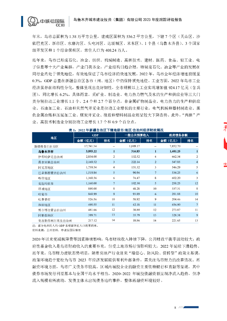 中诚信：乌鲁木齐城市建设投资(集团)有限公司2023年度跟踪评级报告_第8页