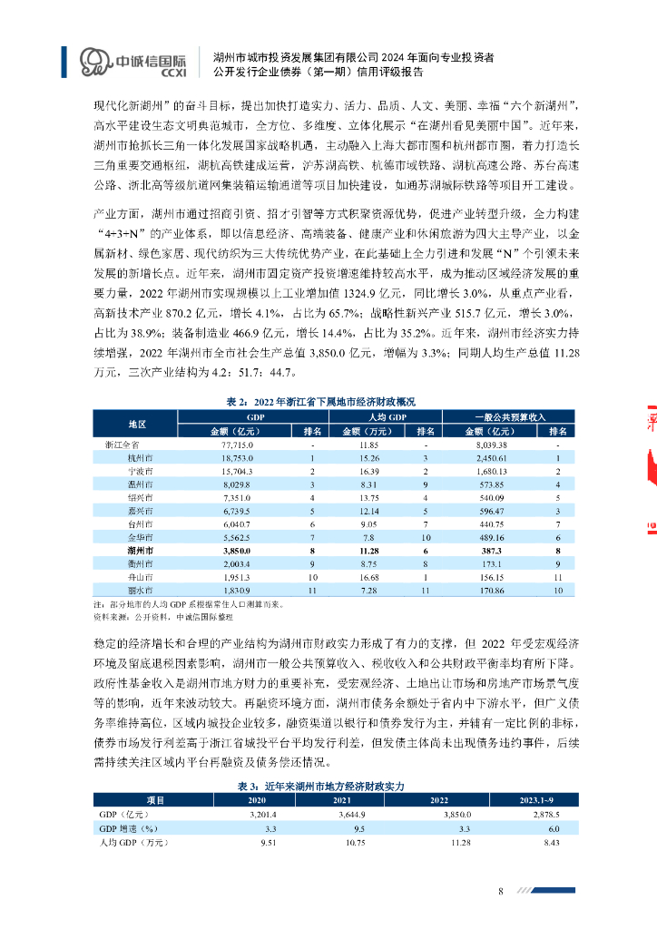 中诚信：湖州市城市投资发展集团有限公司2024年面向专业投资者公开发行企业债券(第一期)信用评级报告_第8页