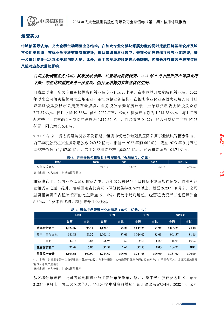 中诚信：2024年光大金融租赁股份有限公司金融债券（第一期）信用评级报告及跟踪评级安排_第8页