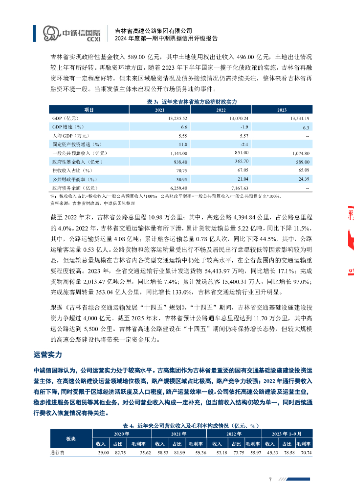 中诚信：吉林省高速公路集团有限公司2024年度第一期中期票据信用评级报告_第7页