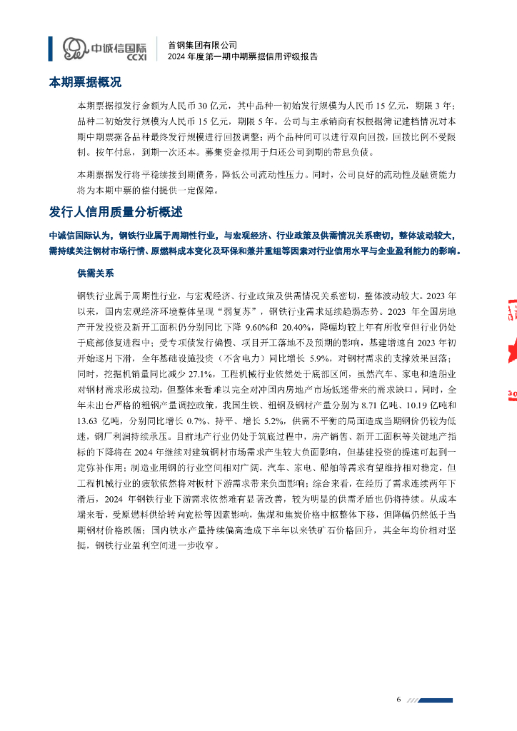 中诚信：首钢集团有限公司2024年度第一期中期票据信用评级报告_第6页