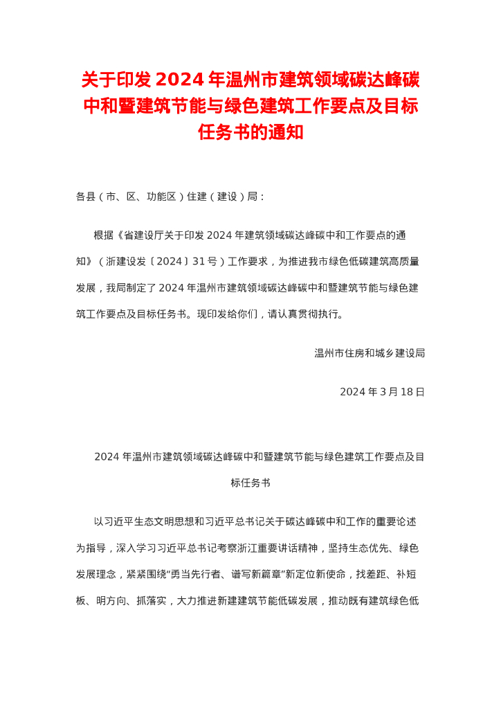 浙江温州市：2024年温州市建筑领域碳达峰<em>碳中和</em>暨建筑节能与绿色建筑工作要点及目标任务书 海报