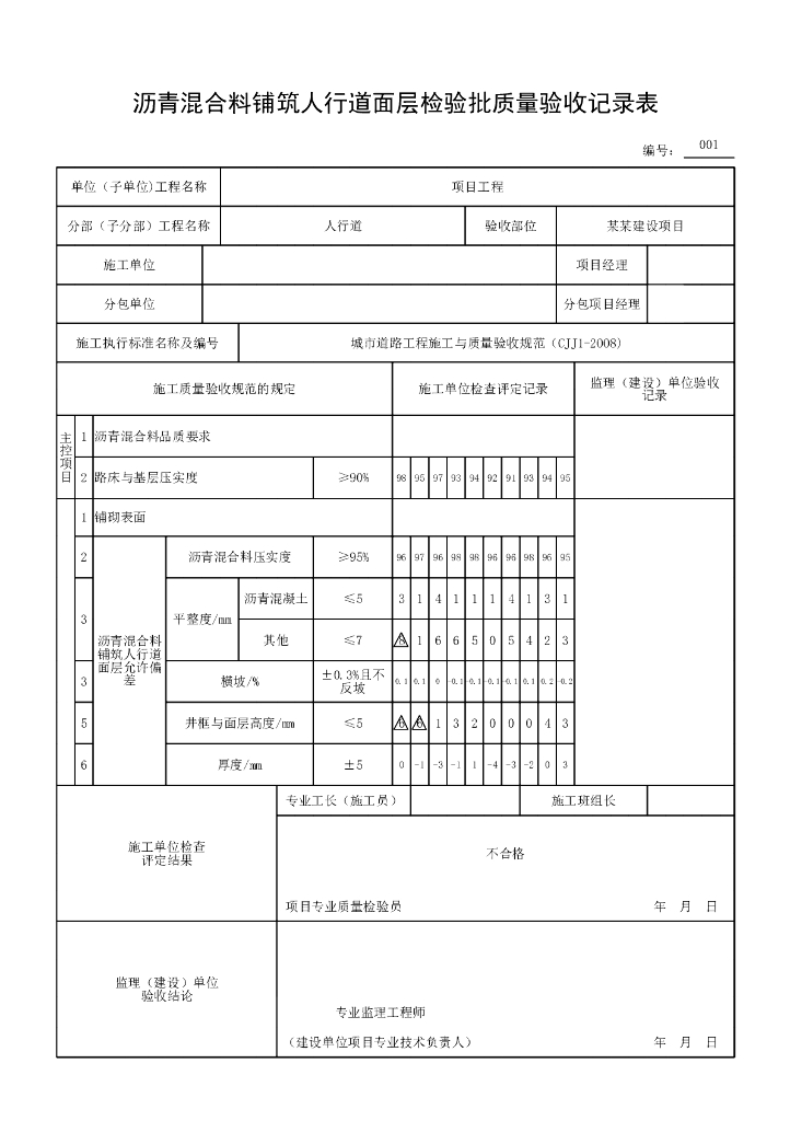 安徽城镇道路工程人行道验收记录表_第6页