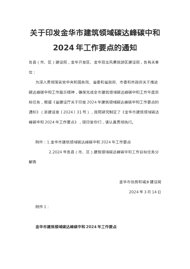 浙江金华市：金华市建筑领域碳达峰<em>碳中和</em>2024年工作要点 海报