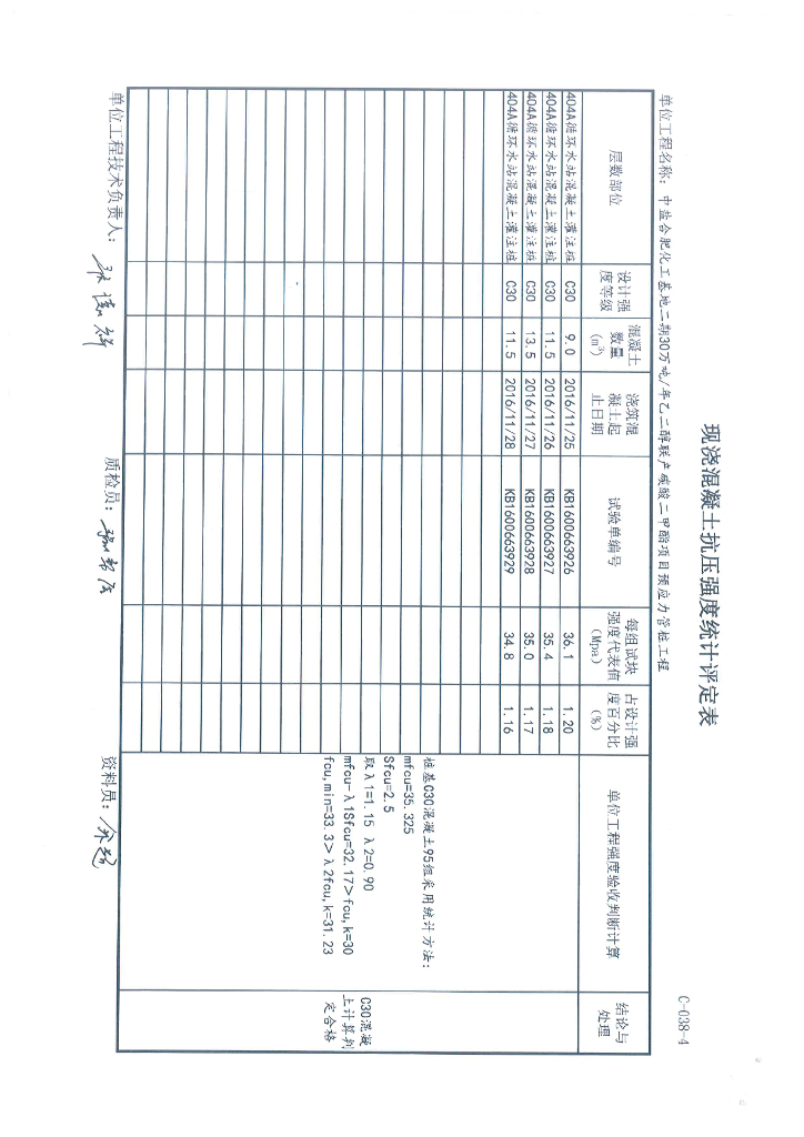 现浇混凝土抗压强度统计评定表