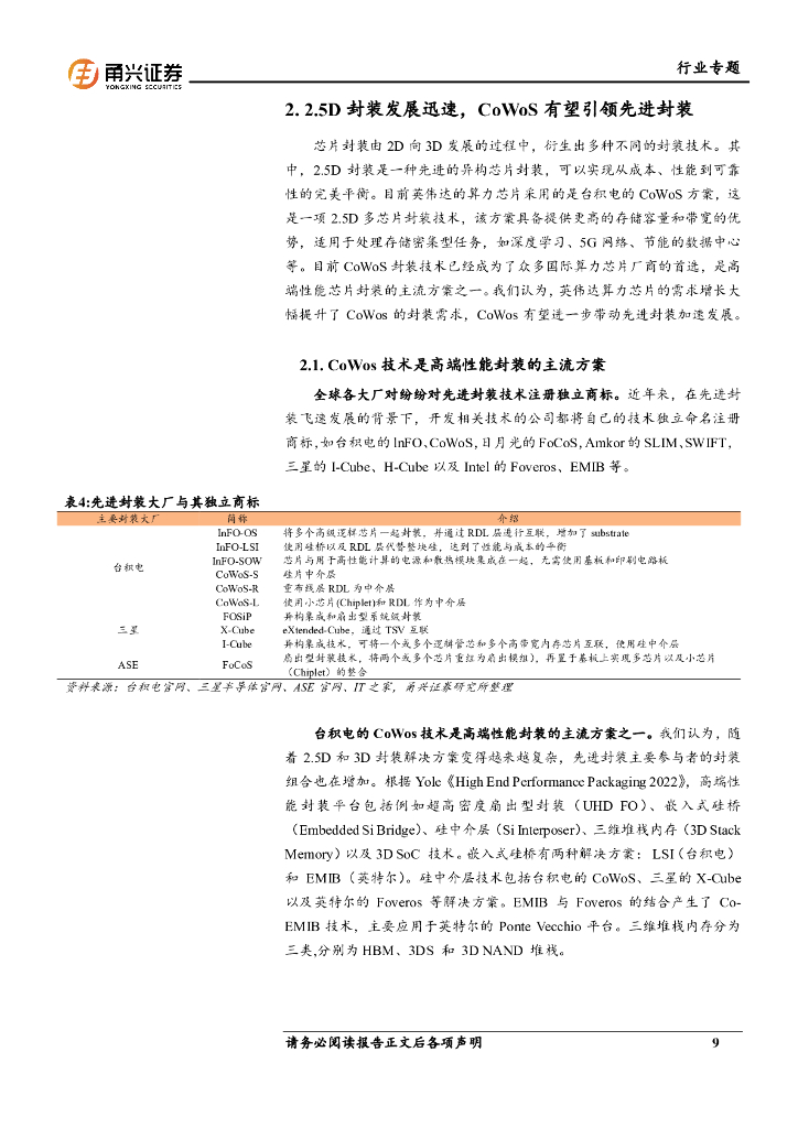 甬兴证券：人工智能系列专题报告（二）：CoWoS技术引领先进封装，国内OSAT有望受益_第9页