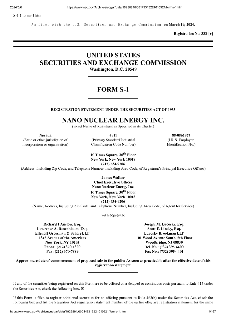 NANO Nuclear（NNE）美股IPO上市招股说明书（Form S-1）（英文版）