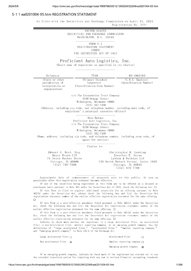 Proficient Auto Logistics（PAL）美股纳斯达克IPO上市招股说明书（Form S-1）（英文版）