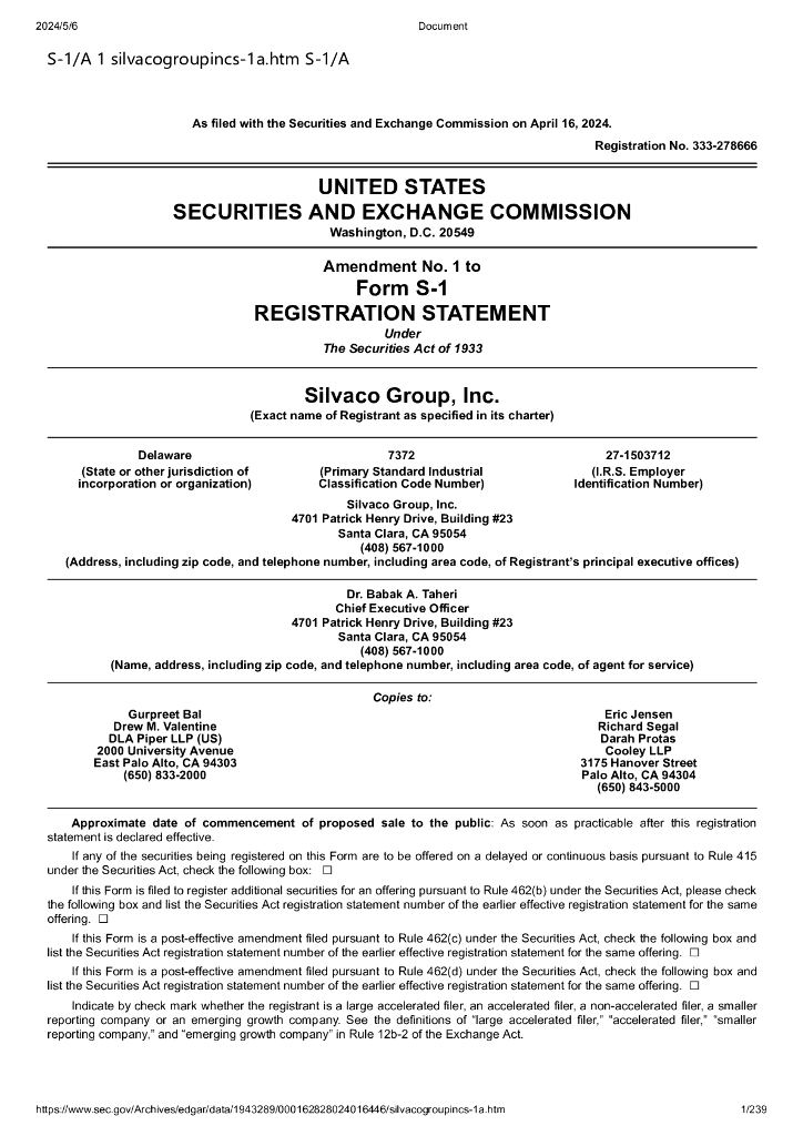 思发科技Silvaco Group（SVCO）美国纳斯达克交易所IPO上市招股说明书（Form S-1）（英文版）
