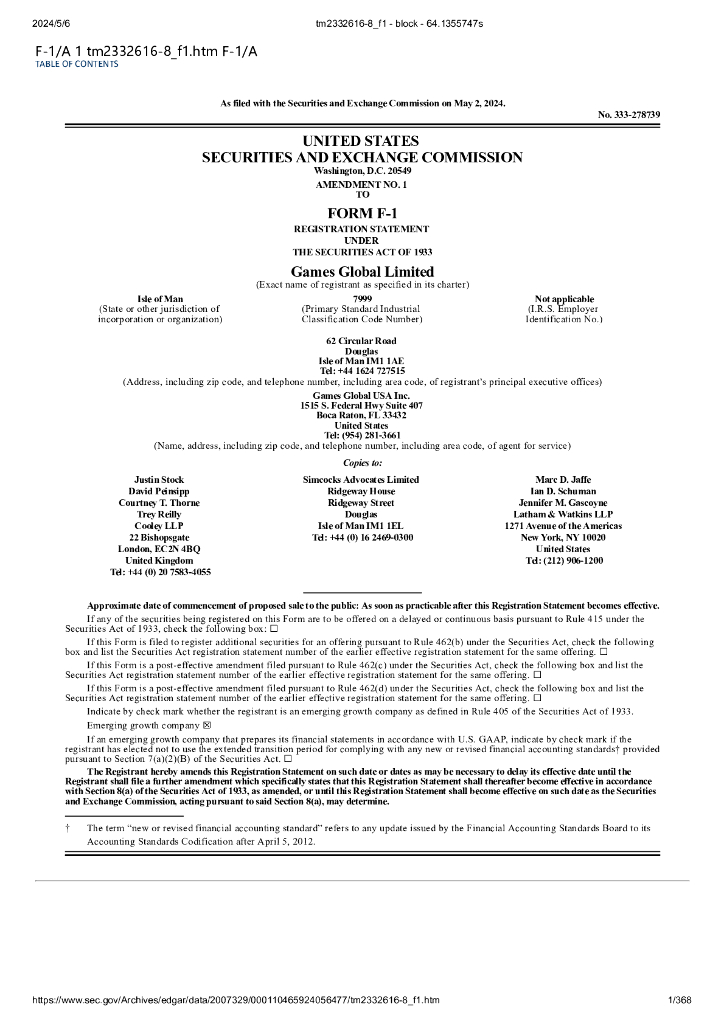 Games Global Limited（GGL）美国纽交所IPO上市招股说明书：全球行在线Casino游戏开发商和分销商（英文版）