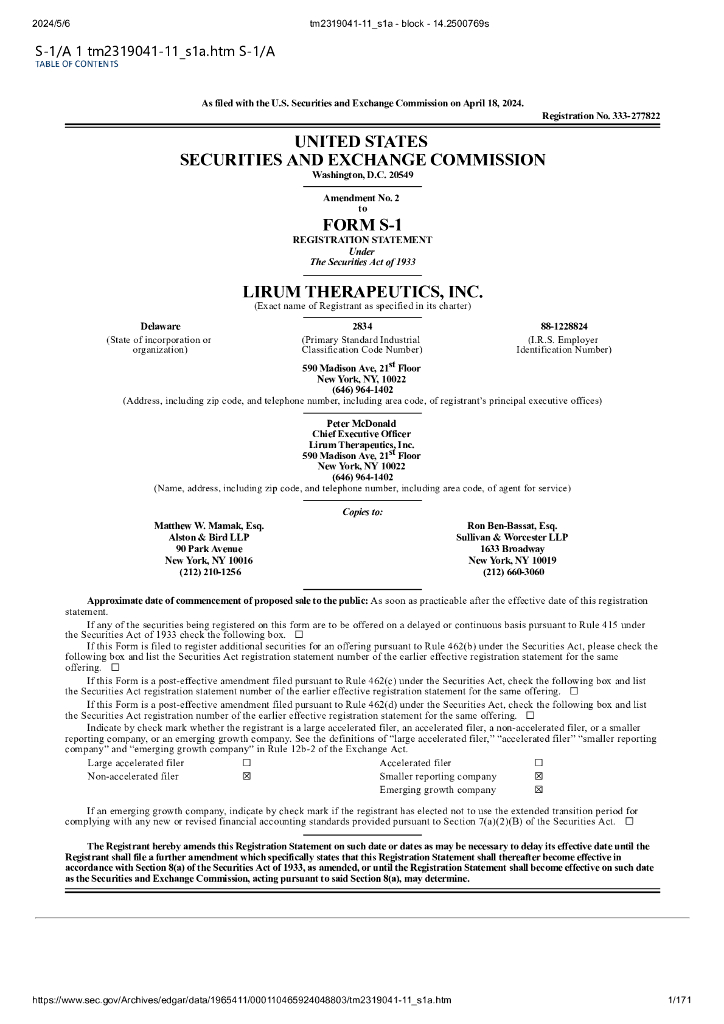 Lirum Therapeutics（LRTX）美国纳斯达克交易所IPO上市招股说明书（Form S-1）：肿瘤和自身免疫生物技术公司（英文版）