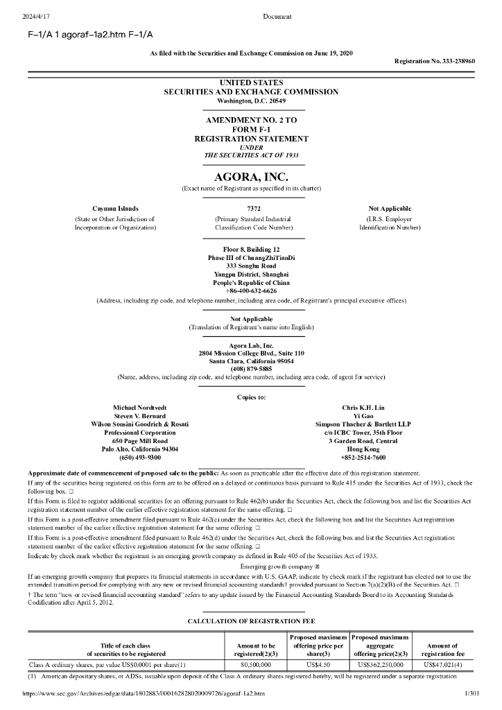 AGORA美股IPO上市招股说明书