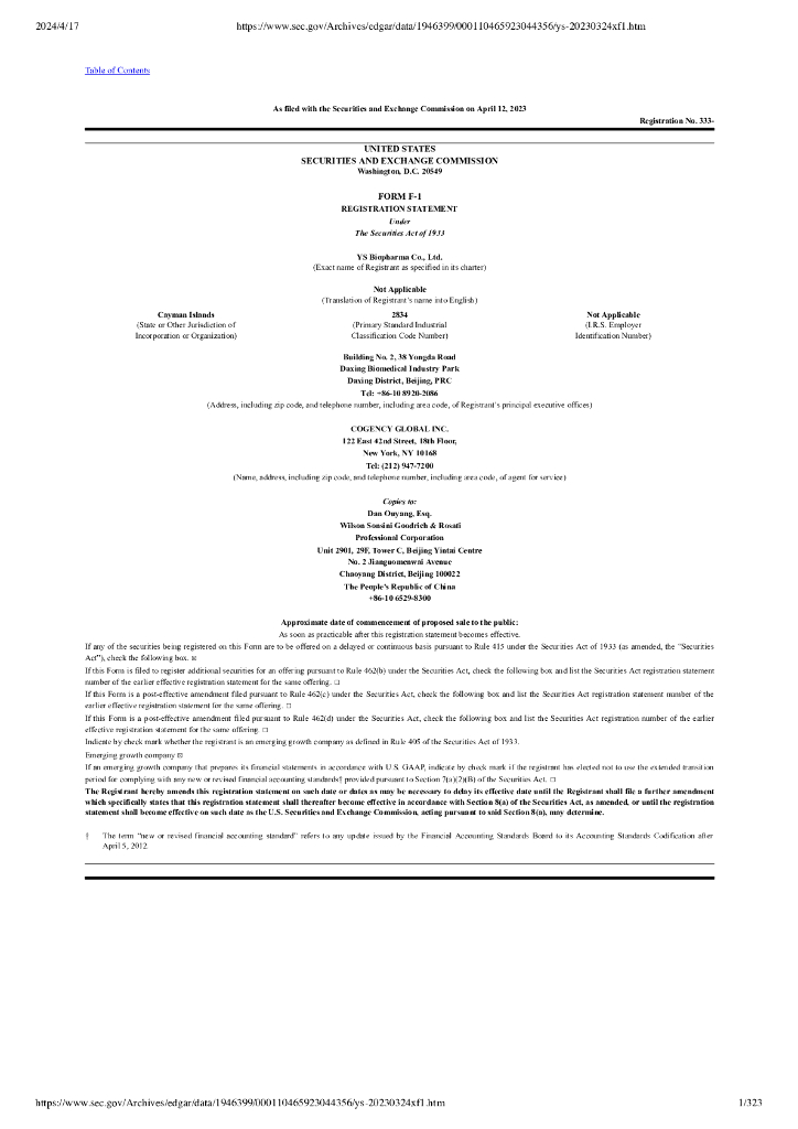 YS Biopharma美股IPO上市招股说明书