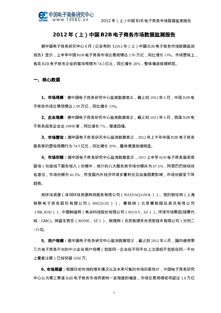 电子商务研究中心：2012年(上)中国B2B电子商务市场数据监测报告