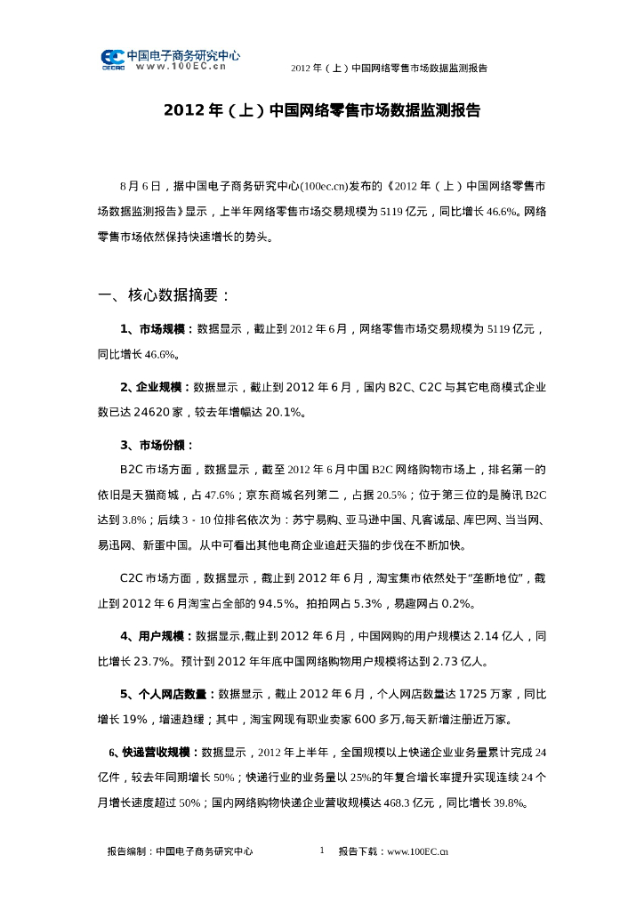 电子商务研究中心：2012年(上)中国网络零售市场数据监测报告
