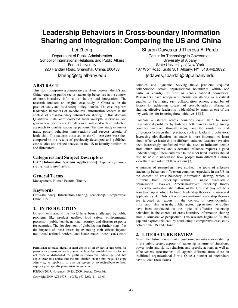 跨境信息共享与整合中的领导行为：中美比较（英文版）