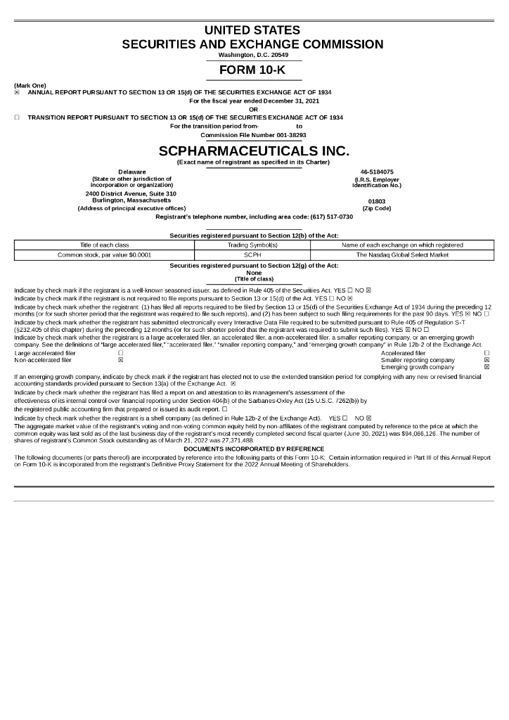 scPharmaceuticals Inc.（SCPH）2021财年年度报告（英文版）