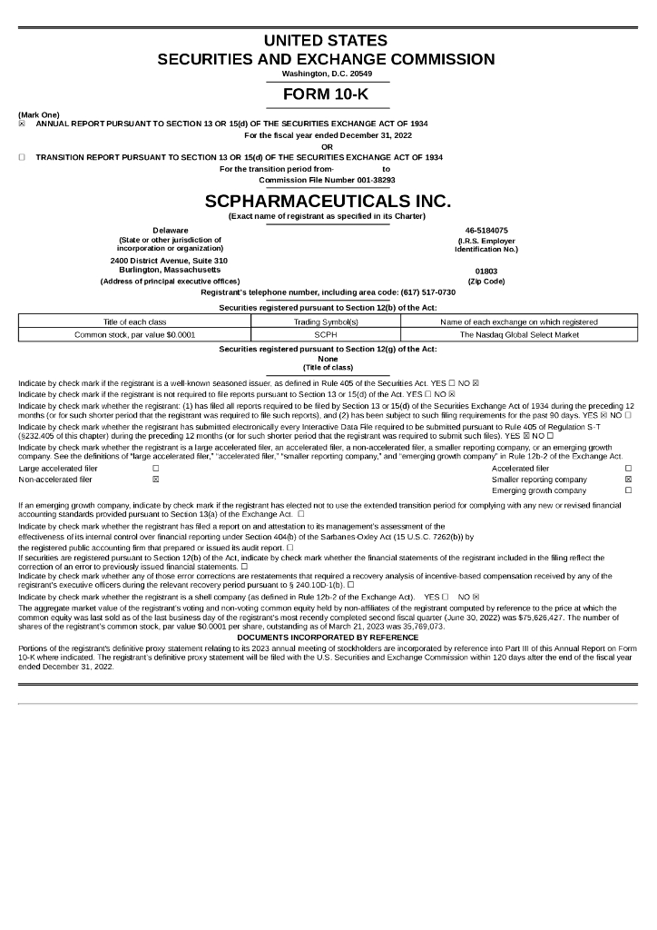 scPharmaceuticals Inc.（SCPH）2022财年年度报告（英文版）