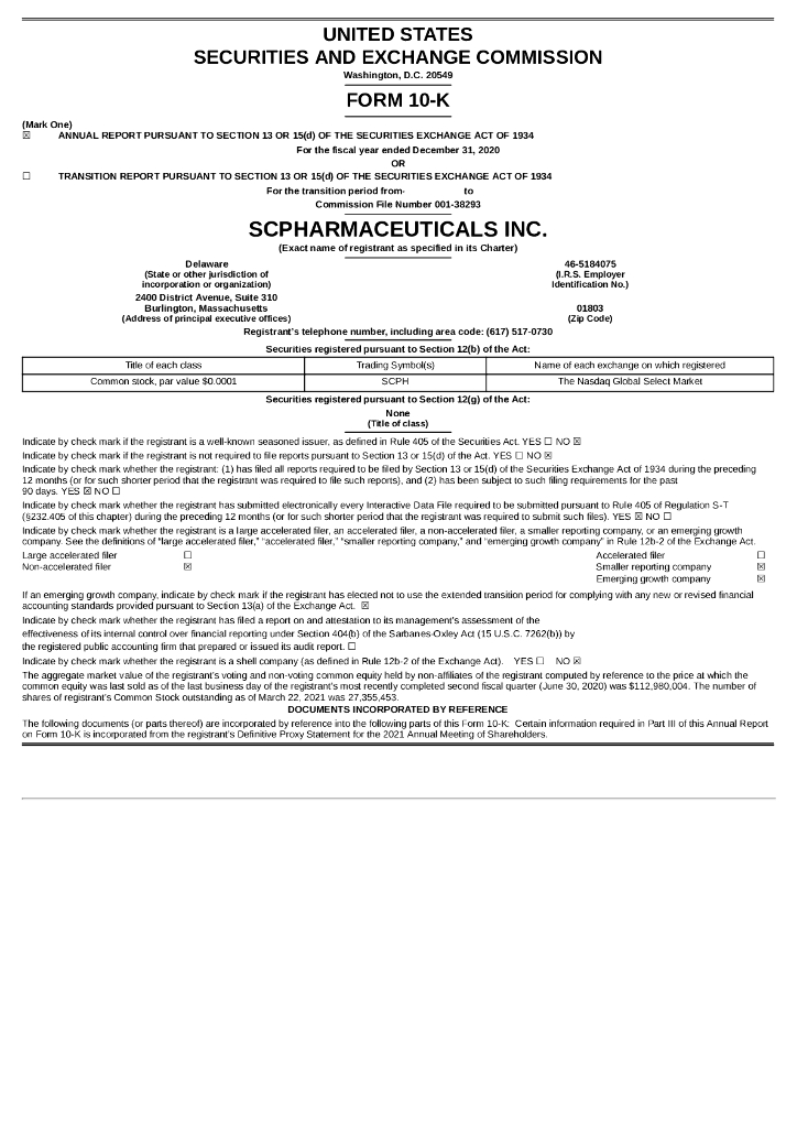 scPharmaceuticals Inc.（SCPH）2020财年年度报告（英文版）