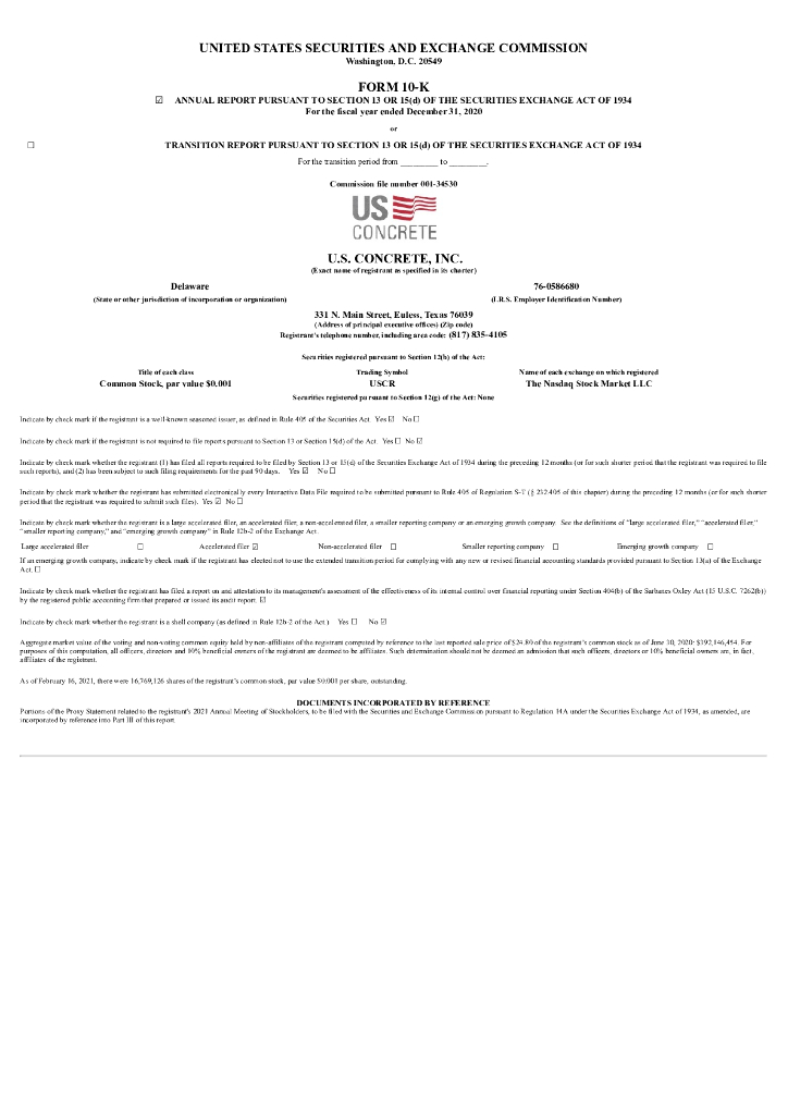 U.S. Concrete, Inc.（RMIX）2020财年年度报告（英文版）