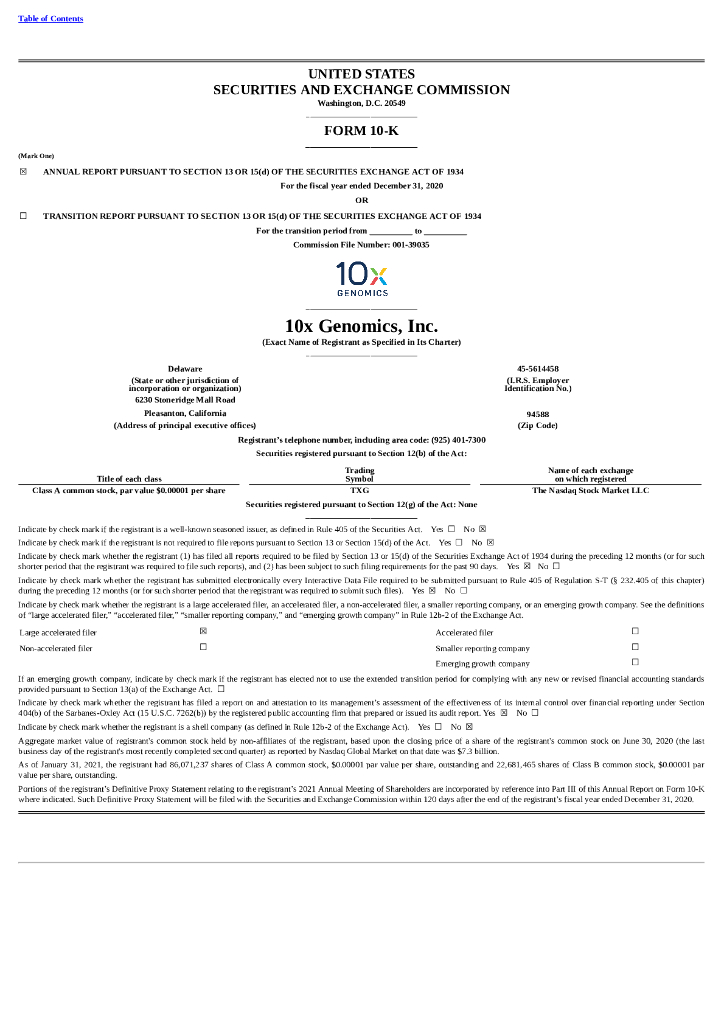 10x Genomics, Inc.（TXG）2020财年年度报告（英文版）
