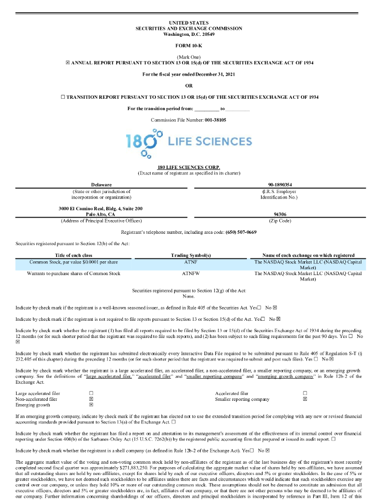 180 Life Sciences Corp.（ATNF）2021财年年度报告（英文版）