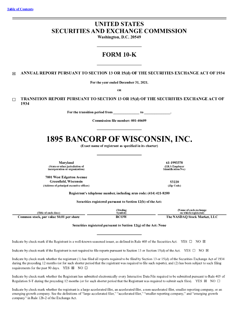 1895 Bancorp of Wisconsin, Inc.（BCOW）2021财年年度报告（英文版）