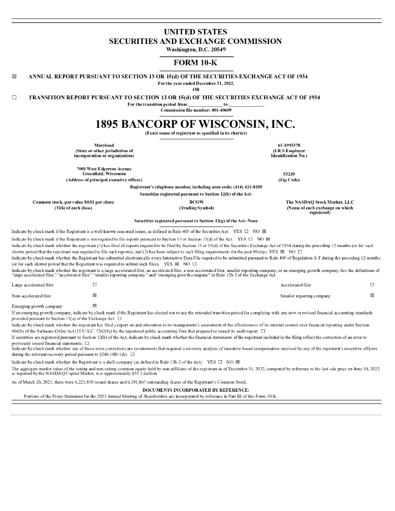 1895 Bancorp of Wisconsin, Inc.（BCOW）2022财年年度报告（英文版）