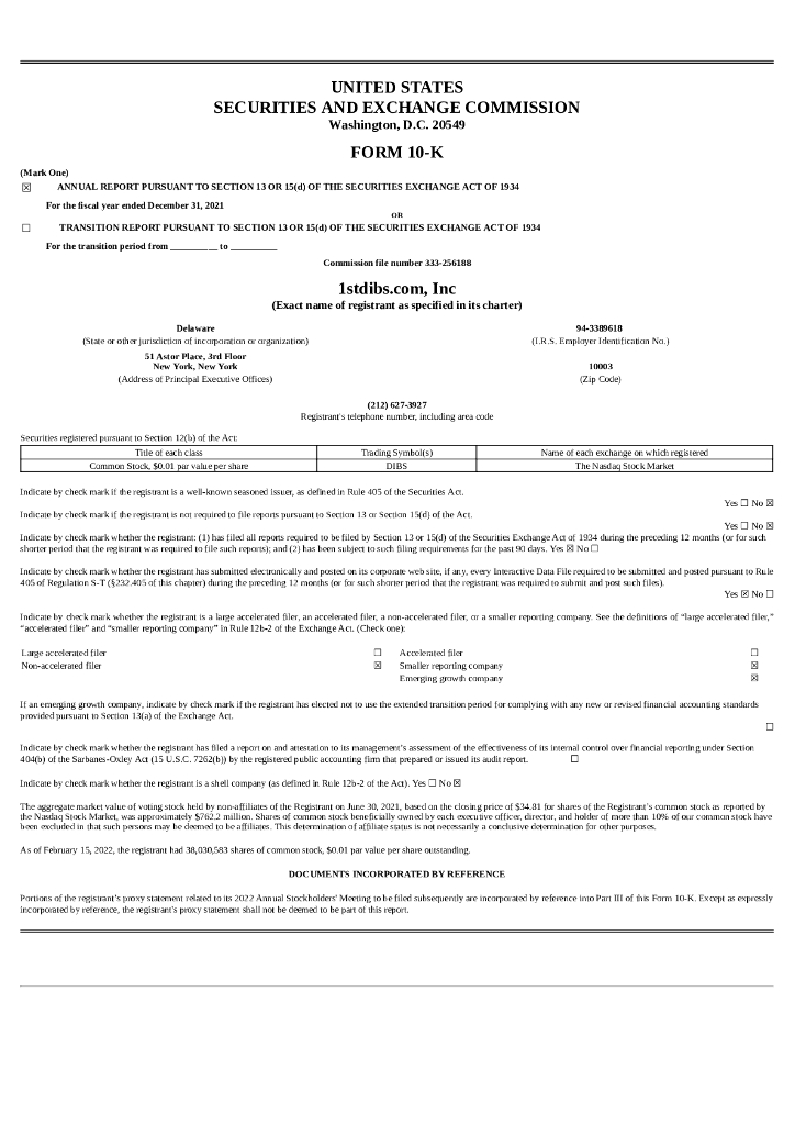 1stdibs.Com, Inc.（DIBS）2021财年年度报告（英文版）