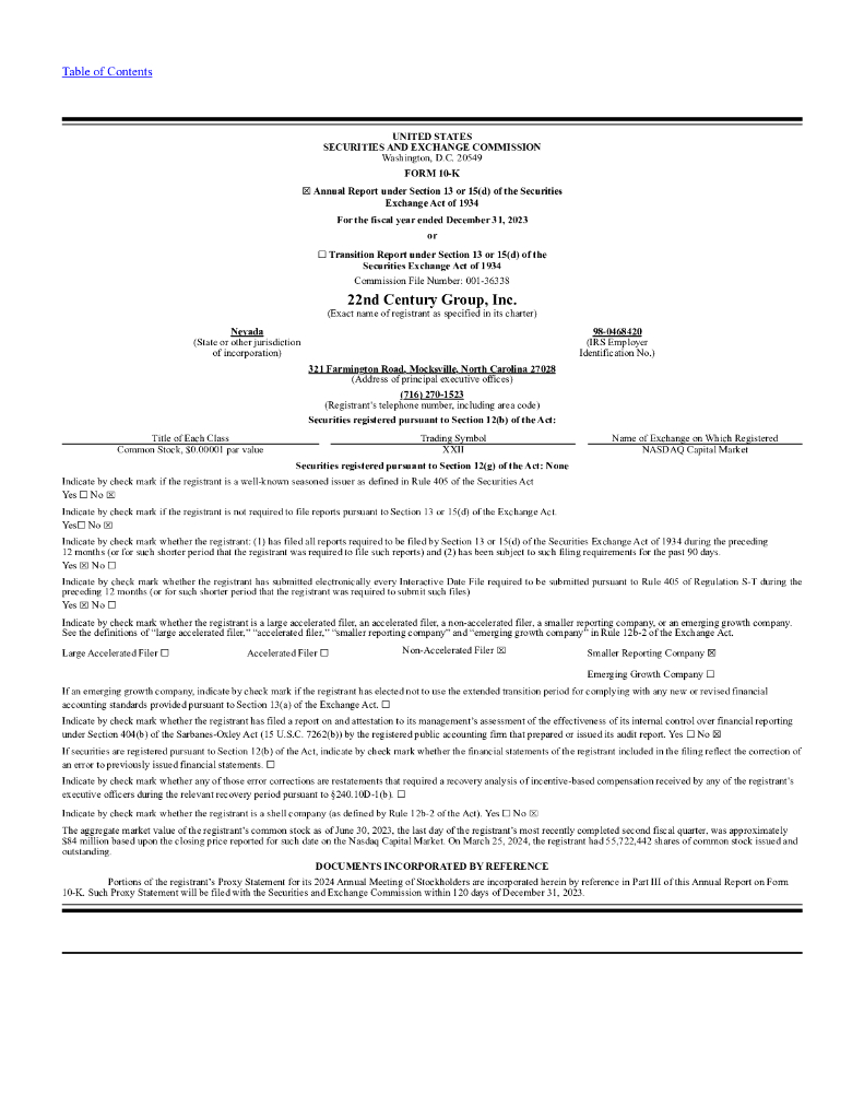 22nd Century Group（XXII）2023财年年度报告（英文版）