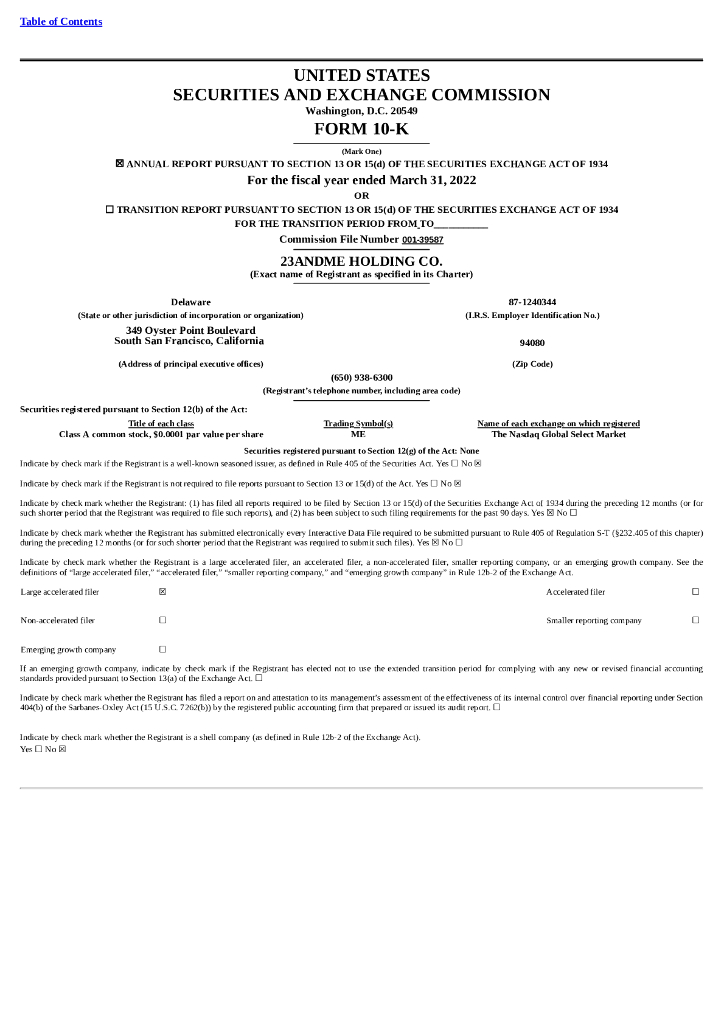 23andMe Holding Co.（ME）2022财年年度报告（英文版）