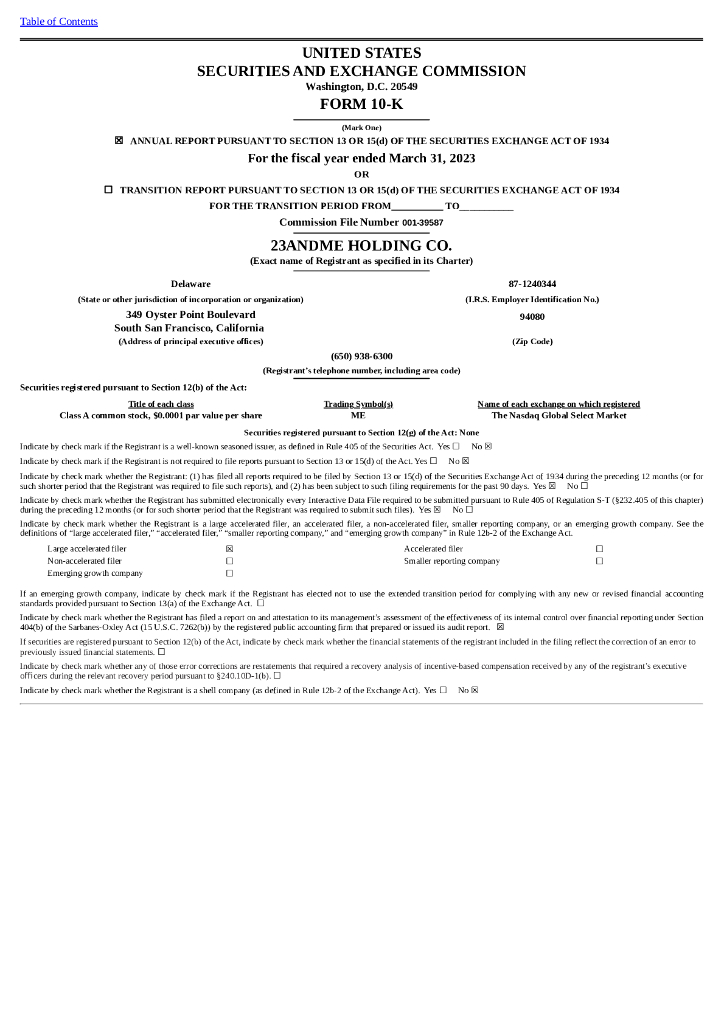 23andMe Holding Co.（ME）2023财年年度报告（英文版）