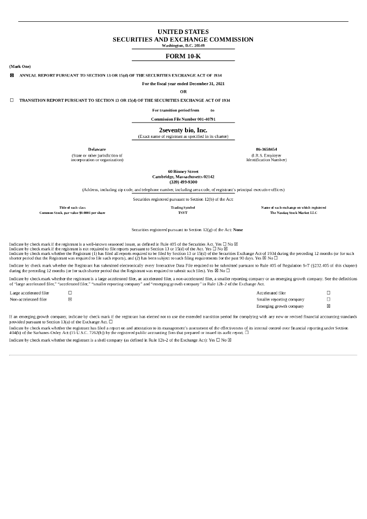 2seventy bio, Inc.（TSVT）2021财年年度报告（英文版）