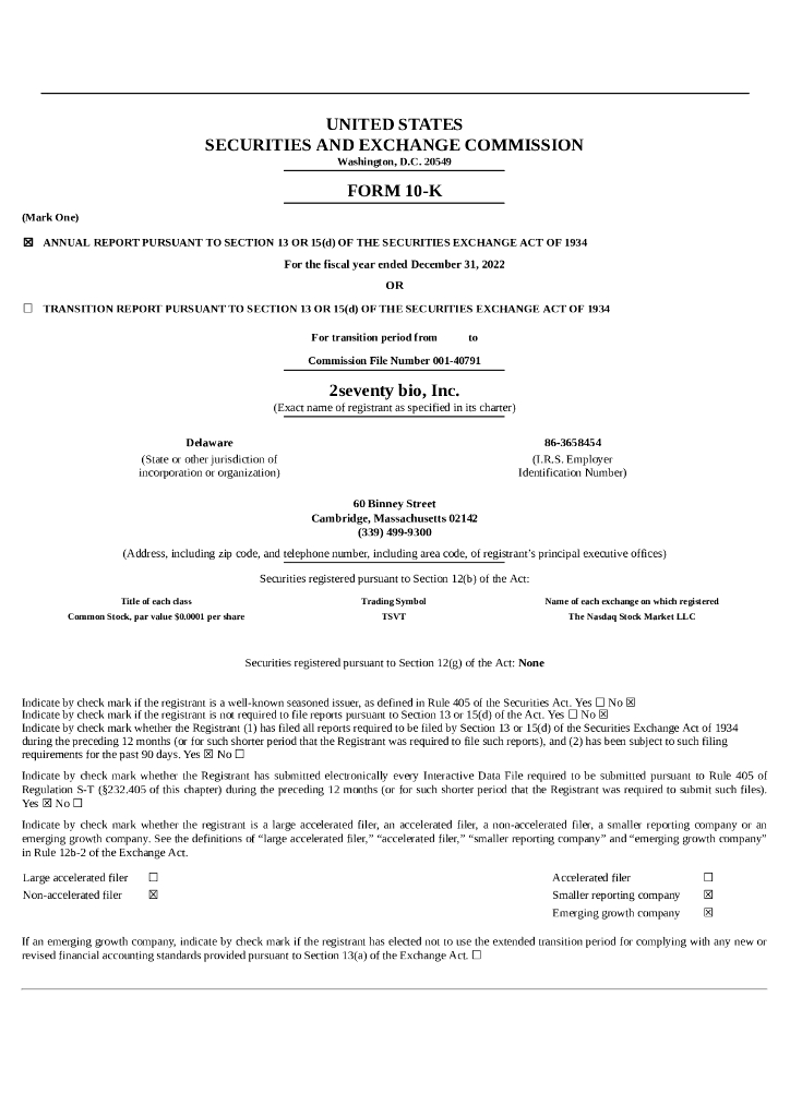 2seventy bio, Inc.（TSVT）2022财年年度报告（英文版）