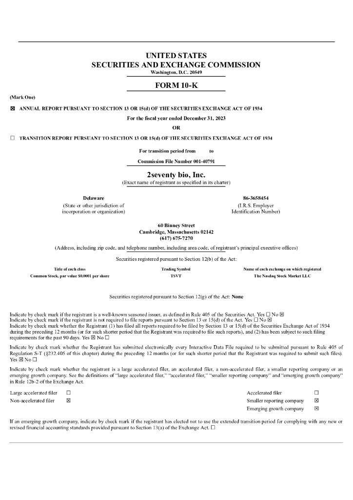 2seventy bio, Inc.（TSVT）2023财年年度报告（英文版）