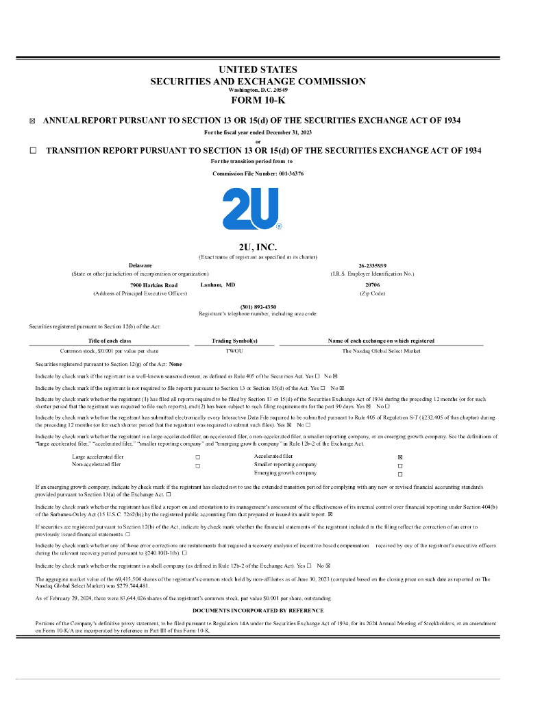 2U Inc.（TWOU）2023财年年度报告（英文版）