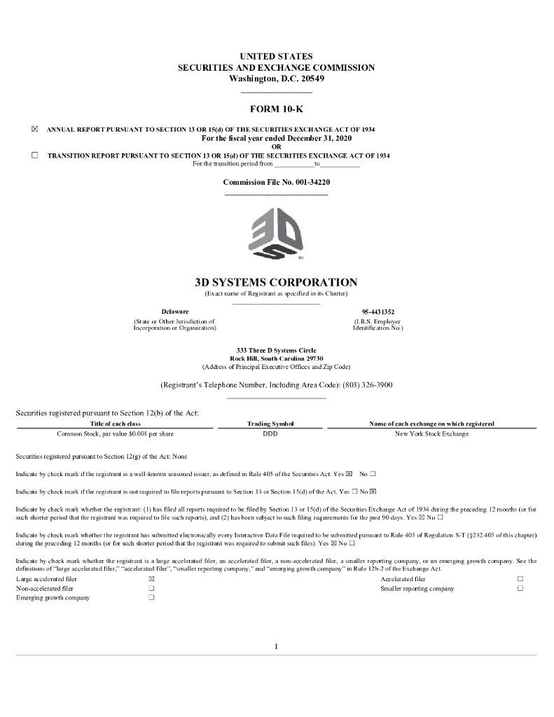 3D Systems Corp.（DDD）2020财年年度报告（英文版）
