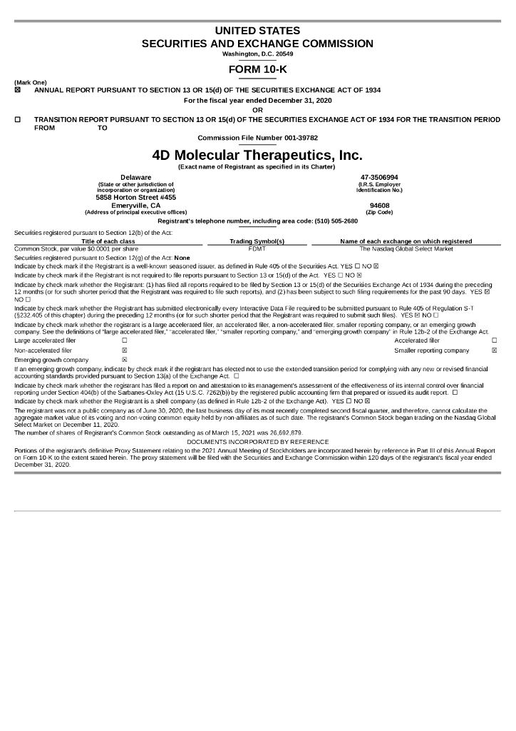 4D Molecular Therapeutics, Inc.（FDMT）2020财年年度报告（英文版）