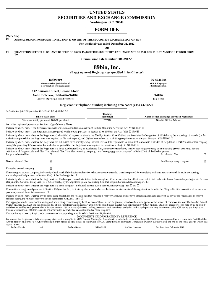 89bio, Inc.（ETNB）2022财年年度报告（英文版）