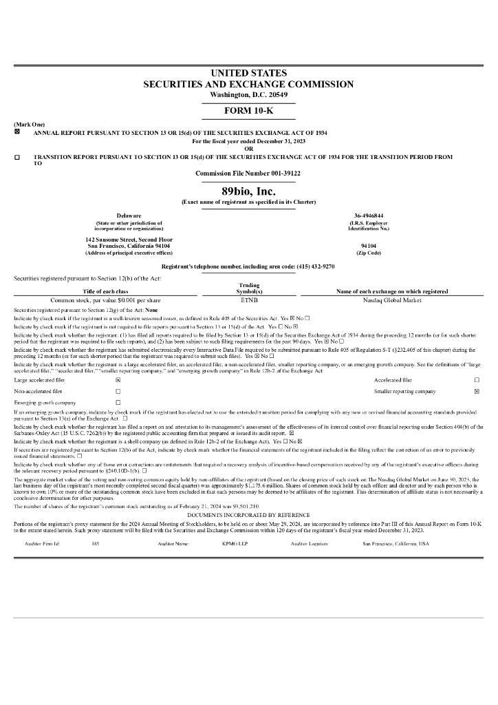 89bio, Inc.（ETNB）2023财年年度报告（英文版）