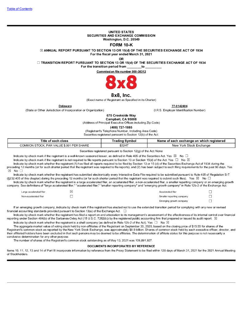 8x8 Inc.（EGHT）2021财年年度报告（英文版）