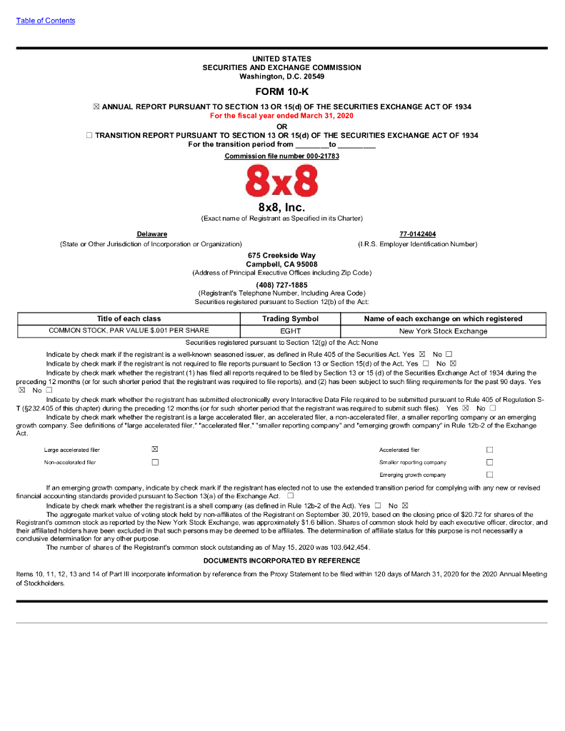 8x8 Inc.（EGHT）2020财年年度报告（英文版）