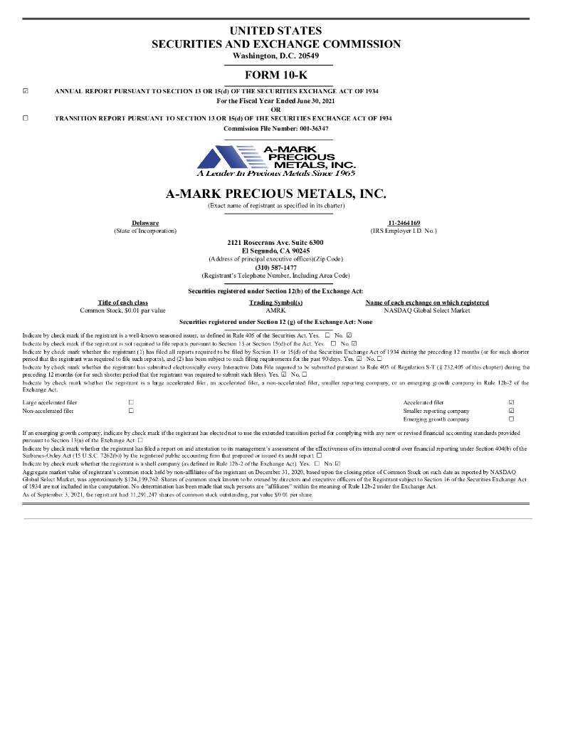 A Mark Precious Metals（AMRK）2021财年年度报告（英文版）