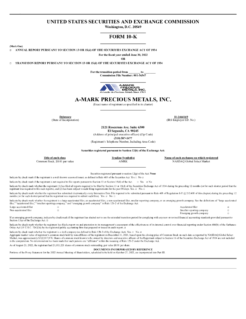A Mark Precious Metals（AMRK）2022财年年度报告（英文版）