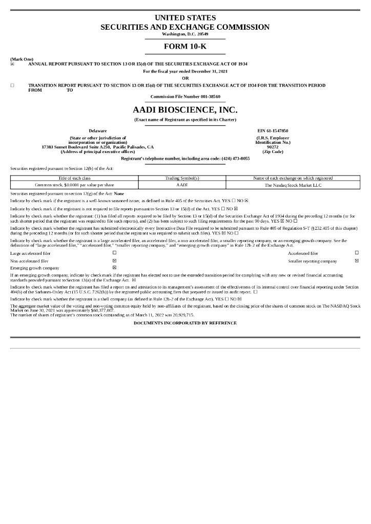 Aadi Bioscience, Inc.（AADI）2021财年年度报告（英文版）