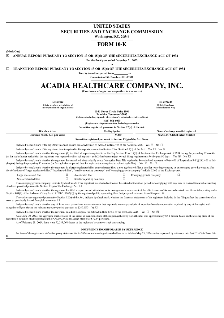 Acadia Healthcare Co.（ACHC）2023财年年度报告（英文版）